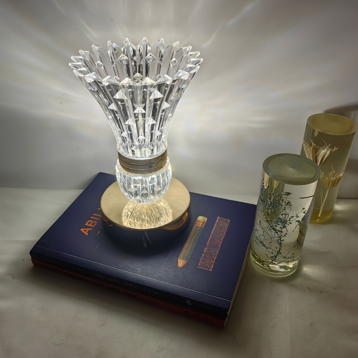 Rechargeable Crystal Vase Table Lamp with Feather Ball Design for Bedroom