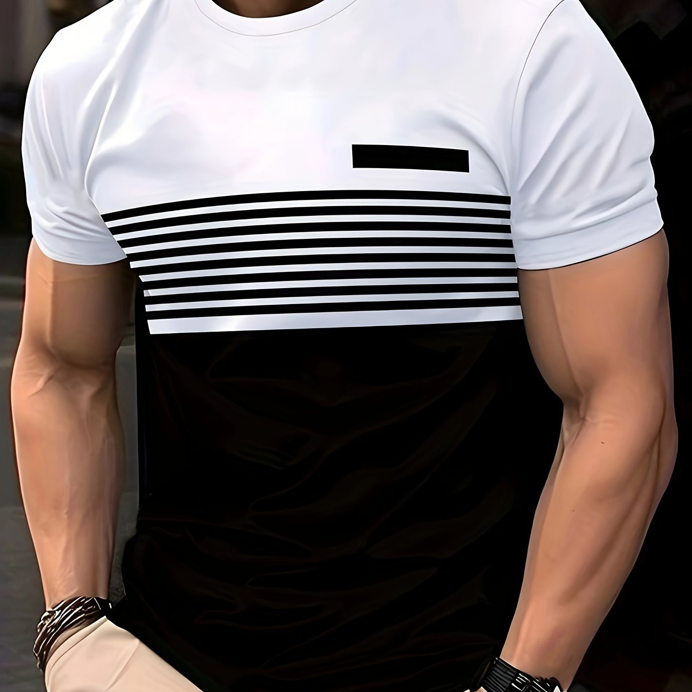 Men's Polyester Crew Neck T-Shirt with Geometric Stripe Pattern Casual Fit