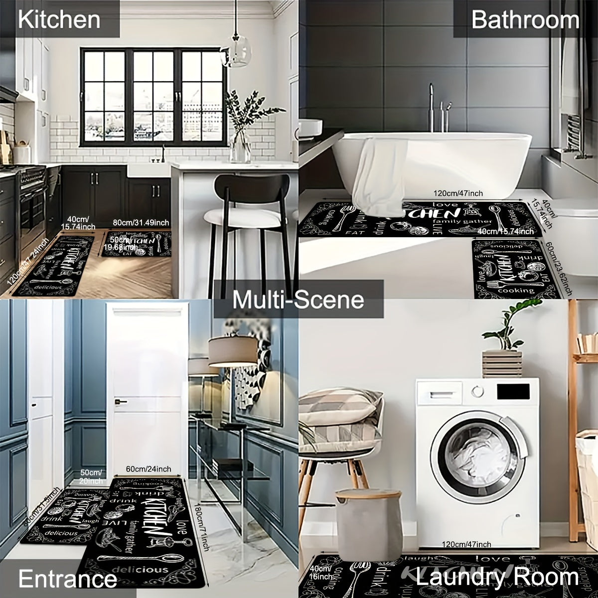 Black Kitchen Floor Mat Non-Slip Washable with Cooking and Dining Themes for Doorways Laundry Bathroom