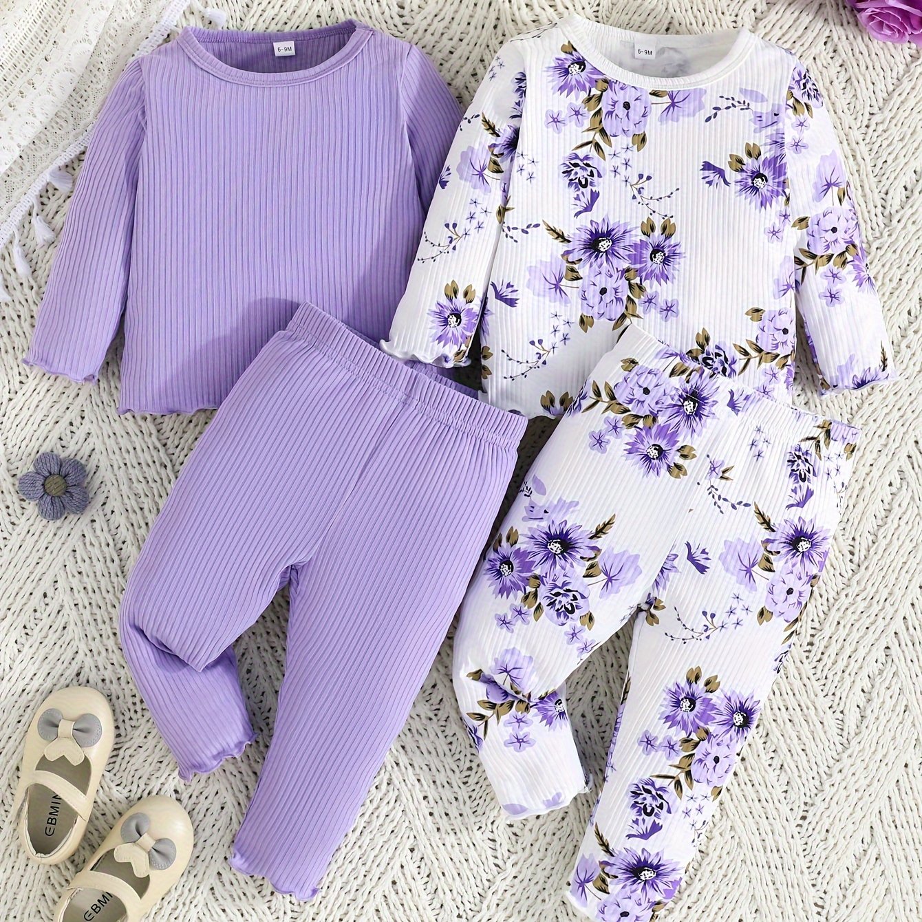 Girls' Outfit Set 4-Piece Pink Long Sleeve Top Floral Pants Polyester Blend Comfortable Outdoor Wear