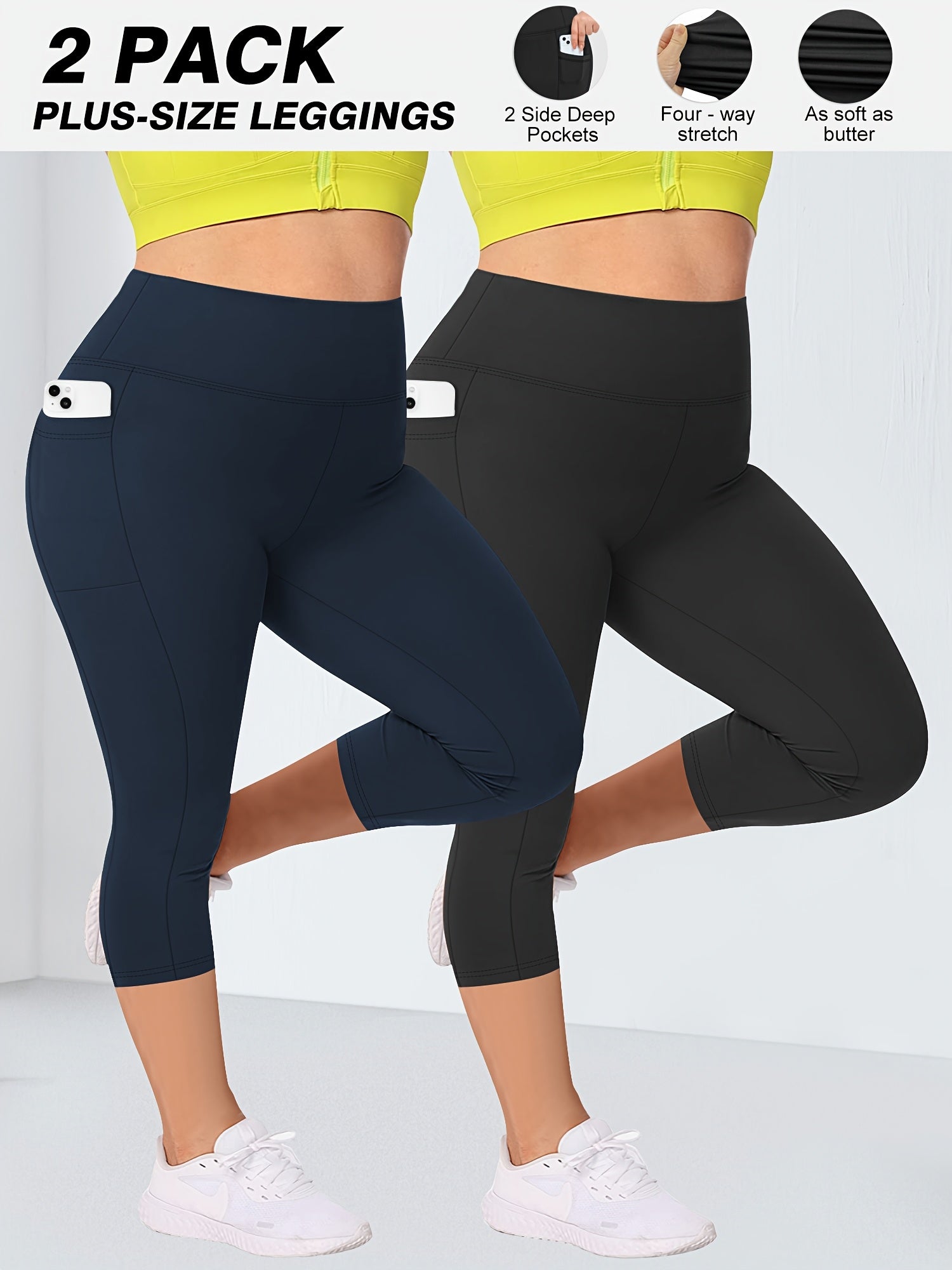 Plus Size 2-Pack High-Waisted Pocket Pants Beige Fitness Outdoor Comfortable