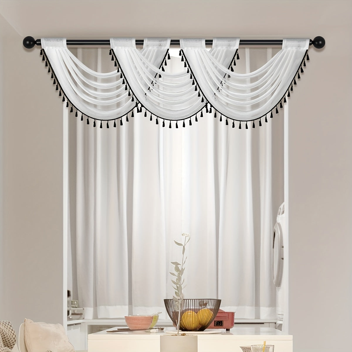 Sheer Wave Curtain Valance with Tassels Edge 30x24 Inches Light-Transmitting Rod Pocket Decor