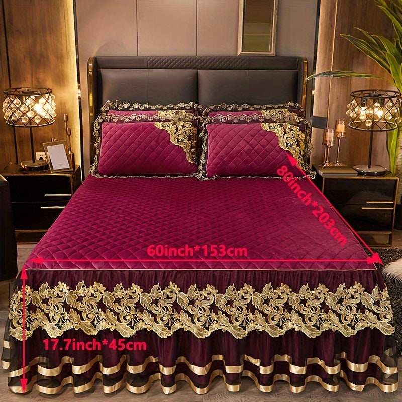 Solid Color Bed Skirt and Pillowcase Set with Lace Detail Quilted Ruffled Design