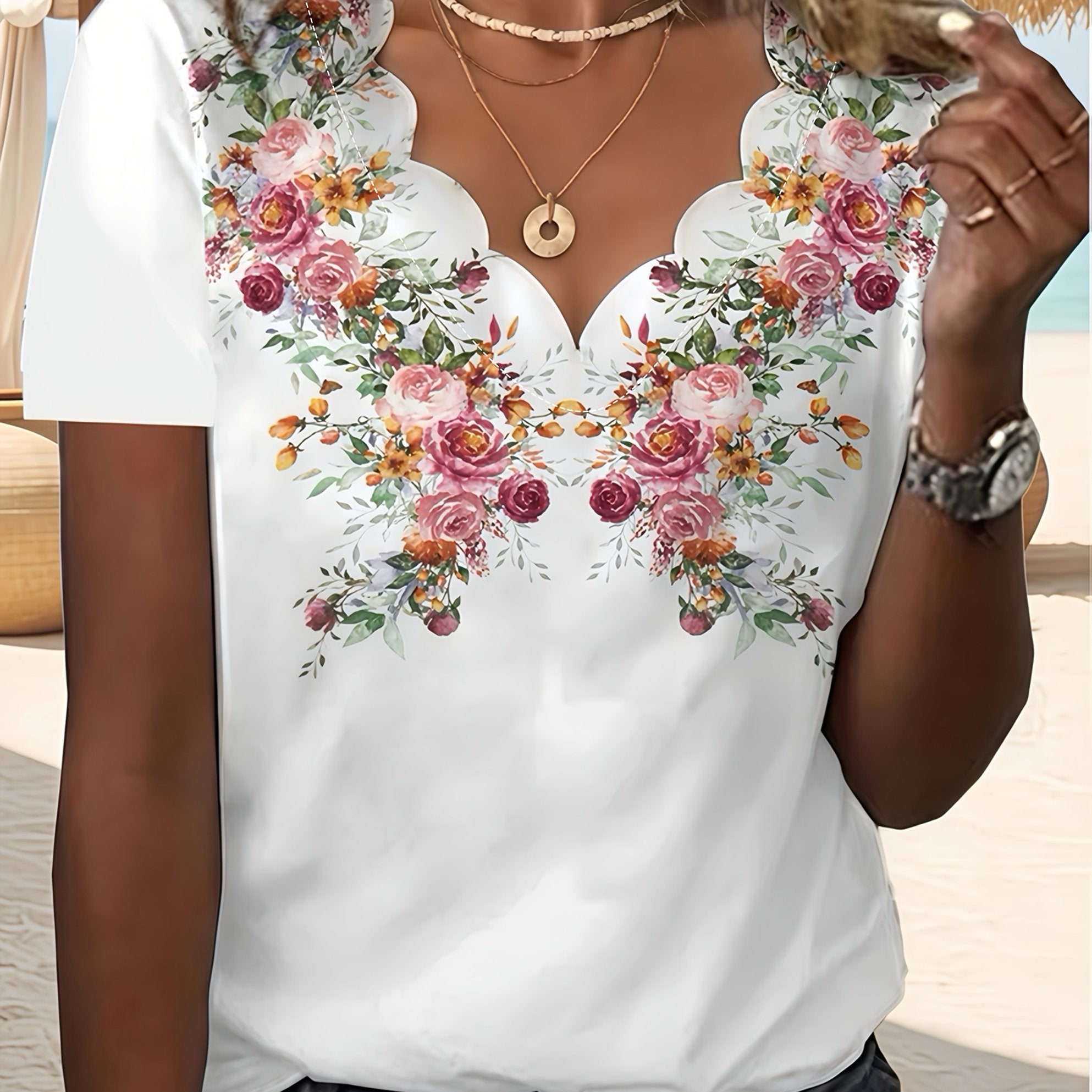 Camiseta de mujer con cuello en V y estampado floral para verano, manga corta, talla grande, poliéster