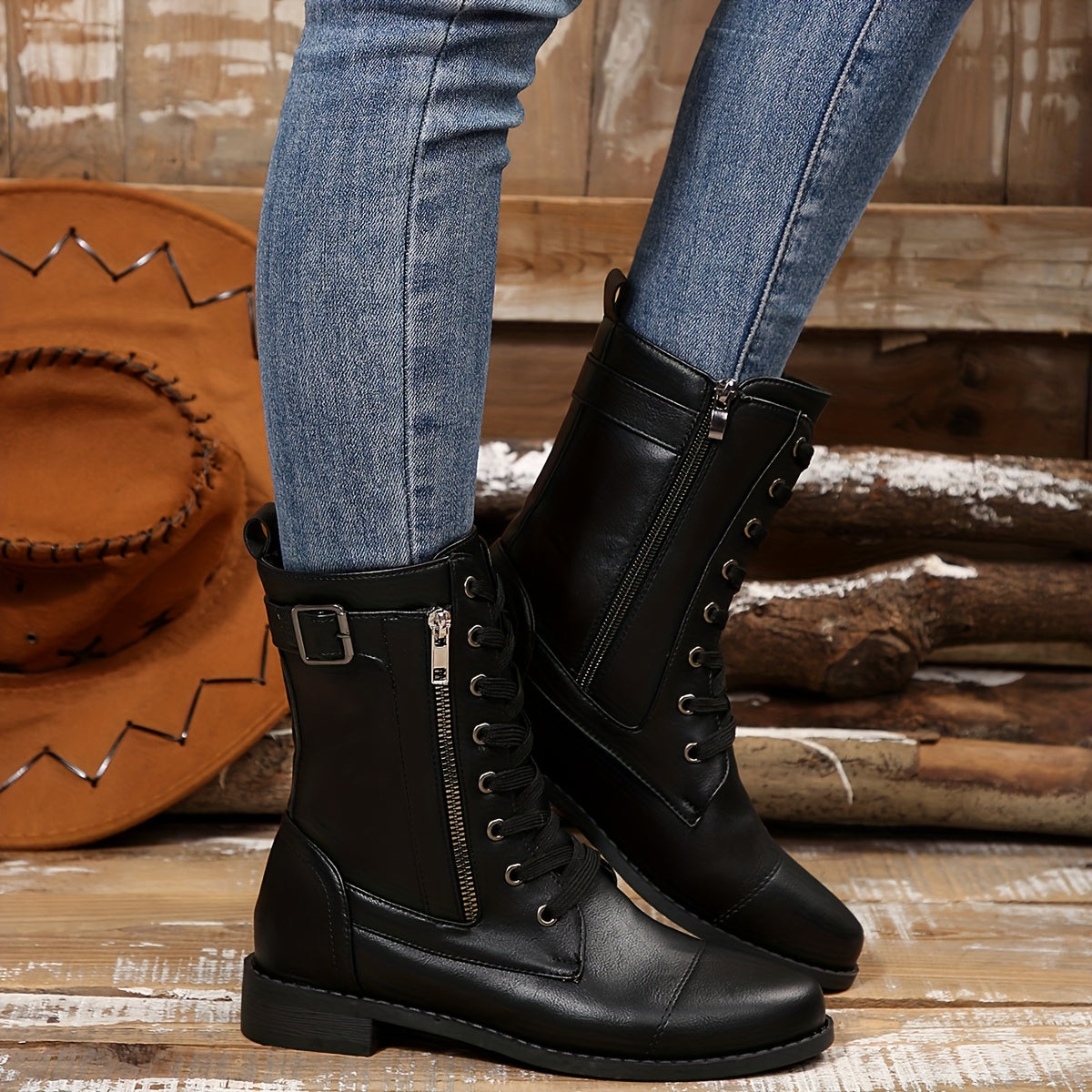Women's Black Mid-Calf Winter Boots with Zipper, Low Heel, Slip-Resistant Sole