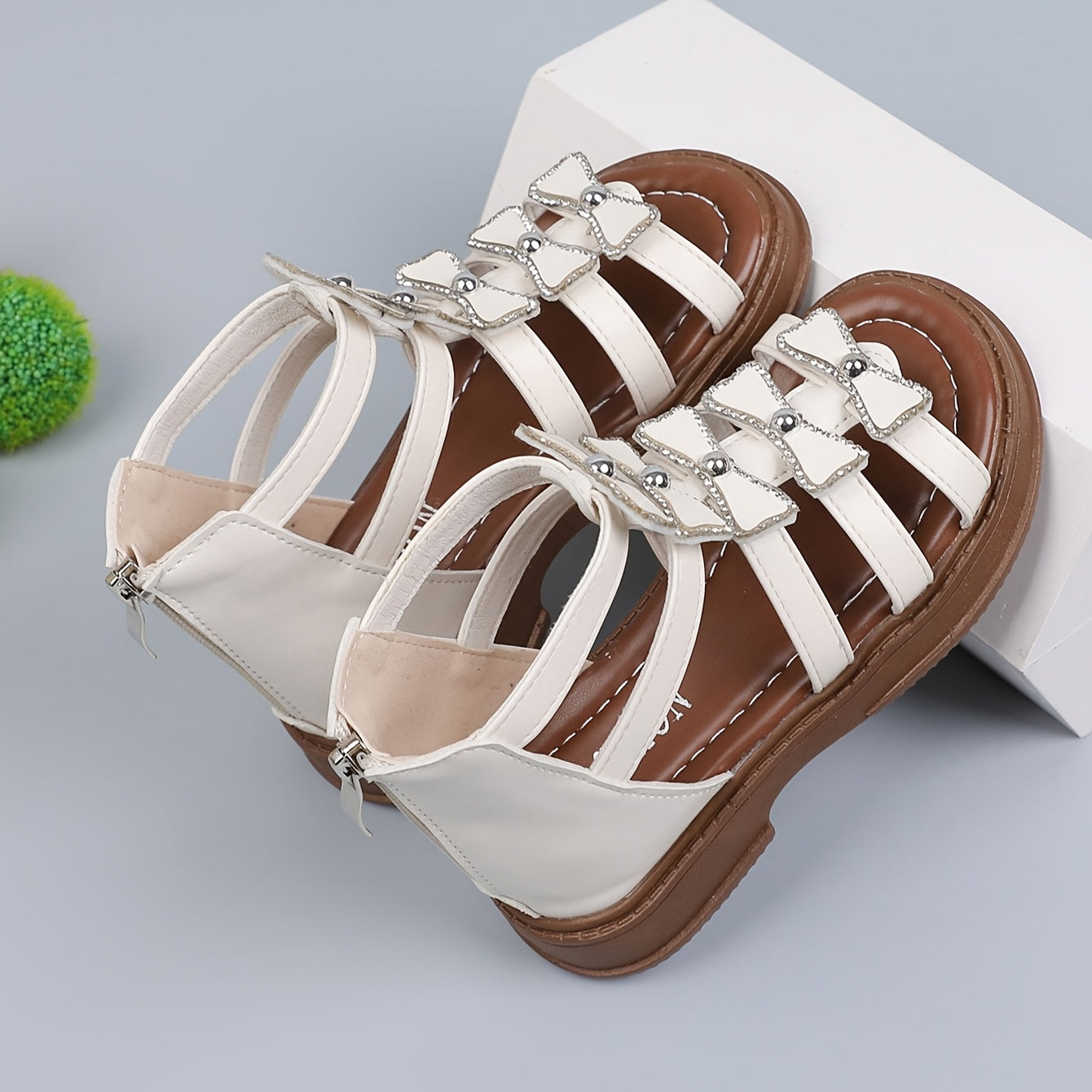 Girls Striped Mid-Top Roman Sandals with Zipper Closure PU Upper PVC Sole Summer Footwear