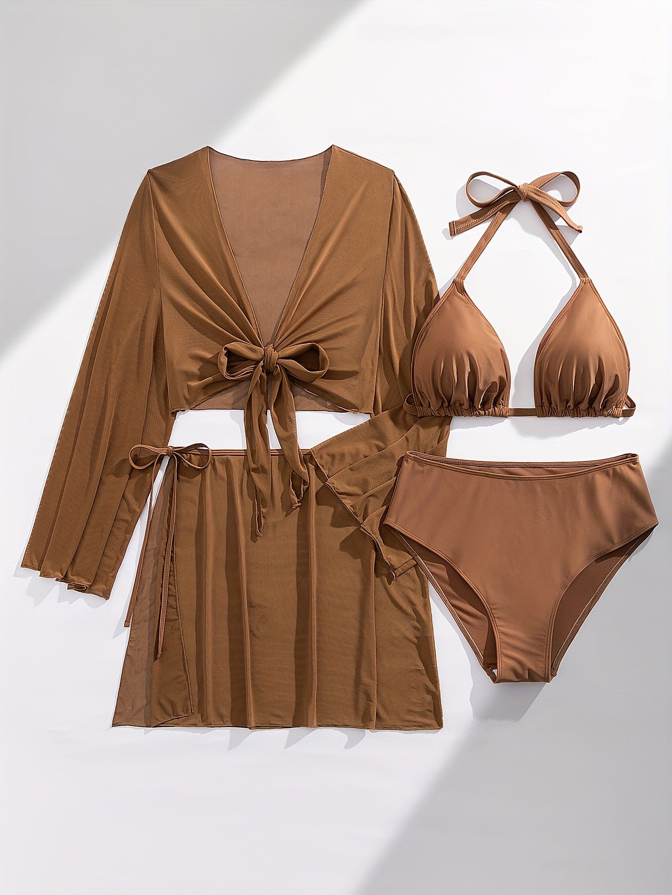 Monochrome Swimsuit Set for Women with Long Sleeve Cover-Up and Belted Skirt