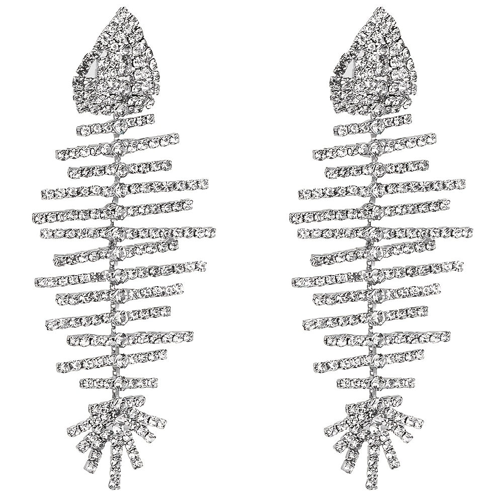 Women Rhinestone Fishbone Drop Earrings Long Dangle Alloy Jewelry for Parties Festivals
