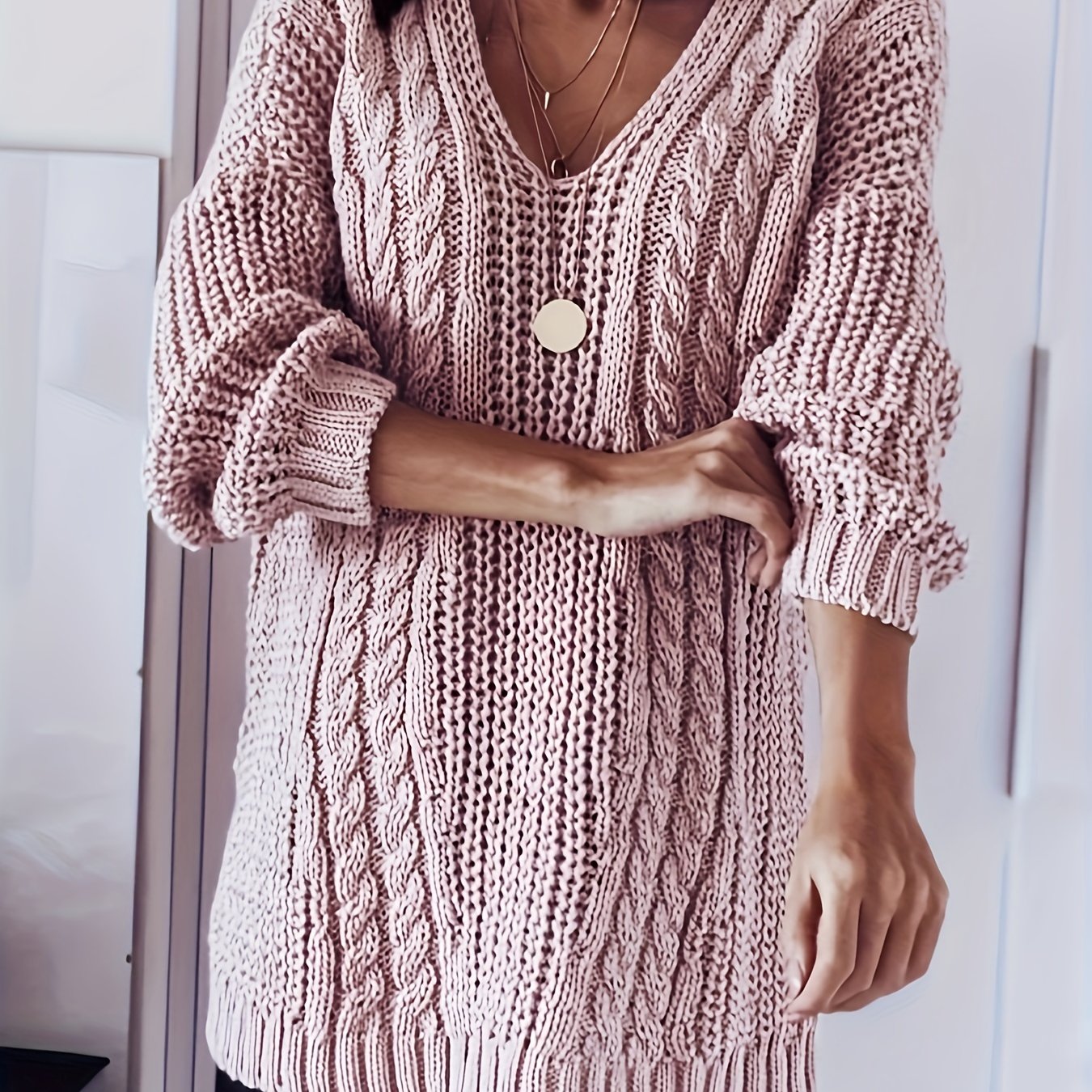 Women's Plus Size V-Neck Sweater Soft Stretchy Solid Color Pullover