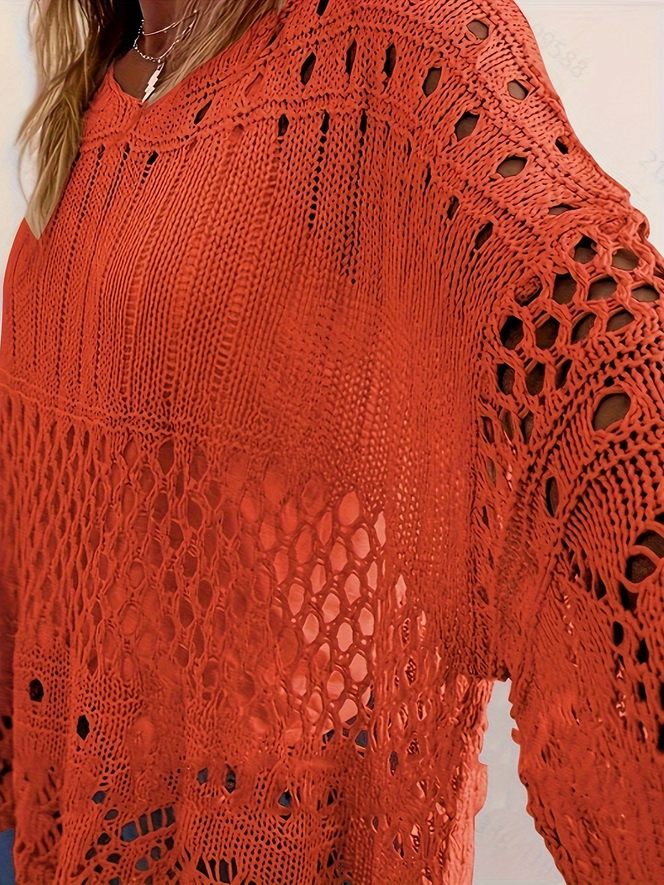 Plus Size Oversized Knitwear Layered Top with Sun Protection and Cut-Out Design