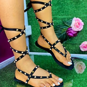 Women's Black Flat Sandals with Gold Rivets Casual Strappy Shoes