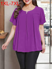 Plus Size Women's Casual Blouse Short Sleeve Vivid Purple Loose Fit Comfortable Top