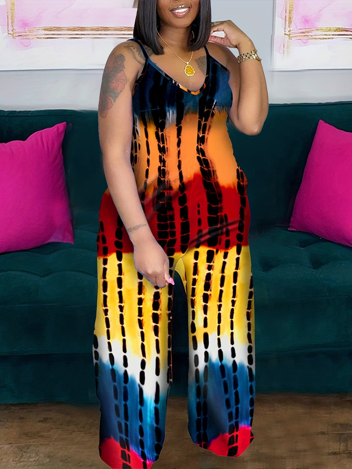 Plus Size Women's Casual V-Neck Tie-Dye Jumpsuit Short Sleeve Summer Outfit