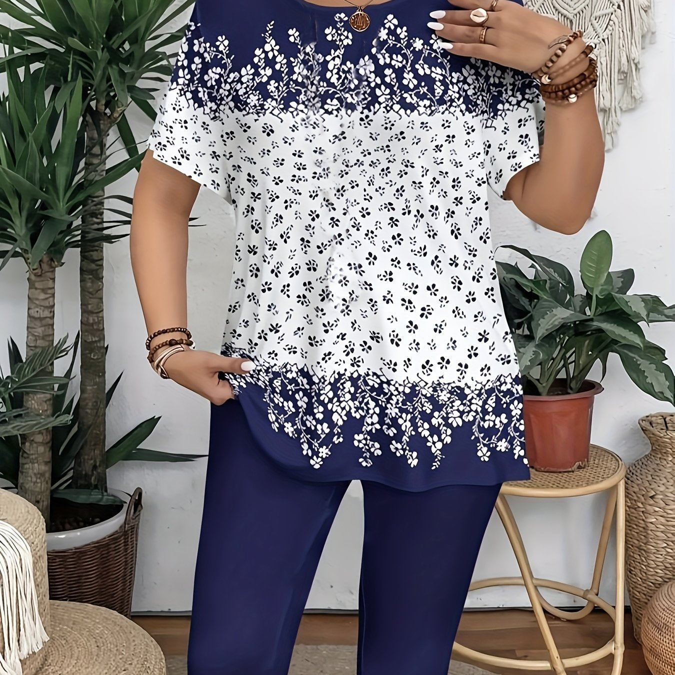 Plus Size Floral Print Crew Neck T-Shirt for Women Soft Stretch Casual