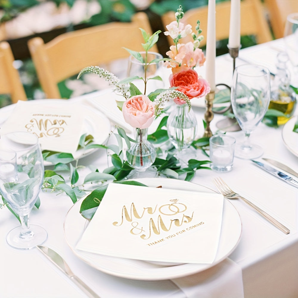 Pack of 100 Disposable Napkins with Mr and Mrs Ring Print for Weddings and Parties