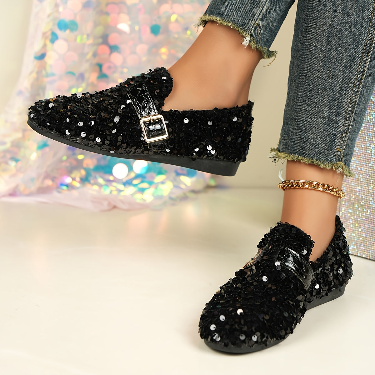 Women's Sequin Embellished Mary Jane Flats Casual Round Toe Slip-On All-Season Comfort