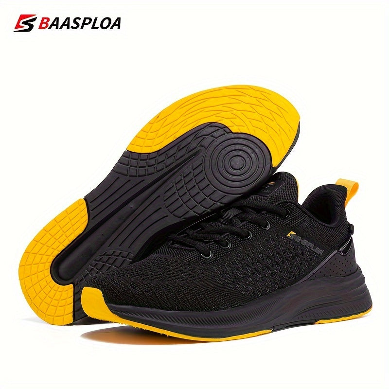 BAASPLOA erkaklar uchun qora va sariq yugurish poyafzallari, nafas oladigan to'r va MD/TPR taglik bilan kundalik va sport maqsadlari uchun.