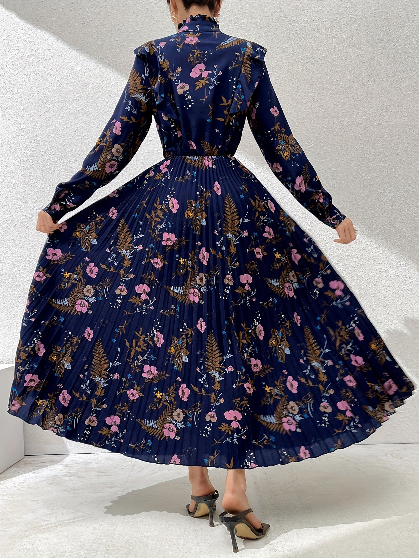 Floral Print Kaftan Dress with Tie Neck Ruffle Trim Long Sleeve Pleated Maxi for Women