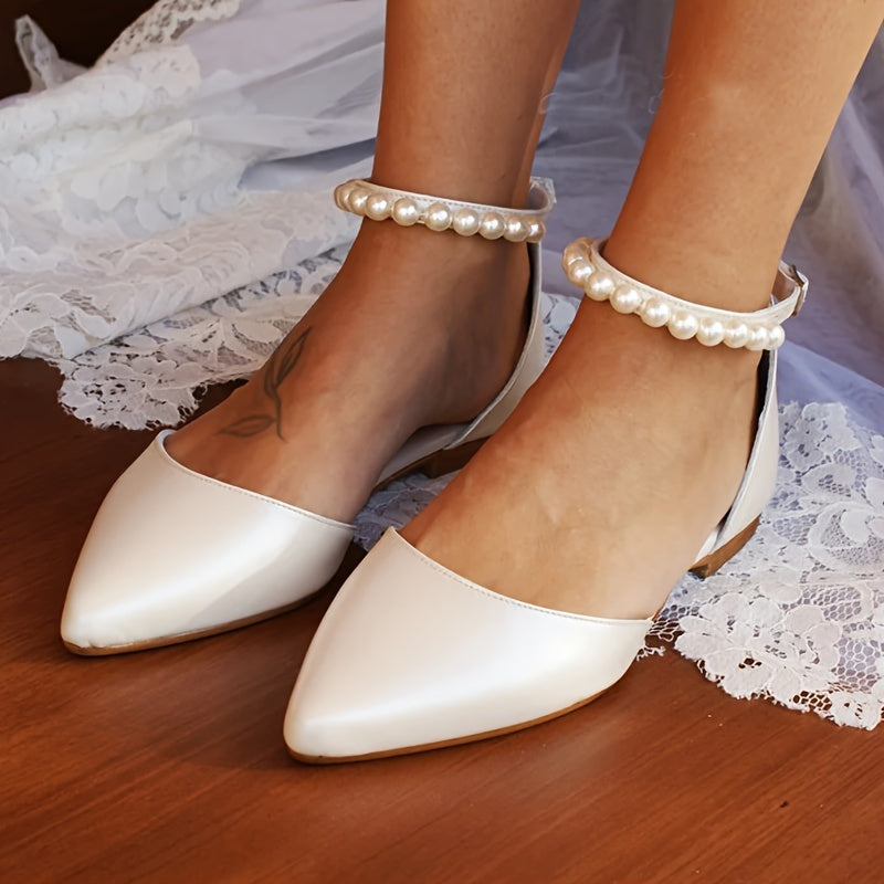 Ayollar uchun marjon bilan bezatilgan bilakbog'li qattiq rangli yopiq barmoqli tufli