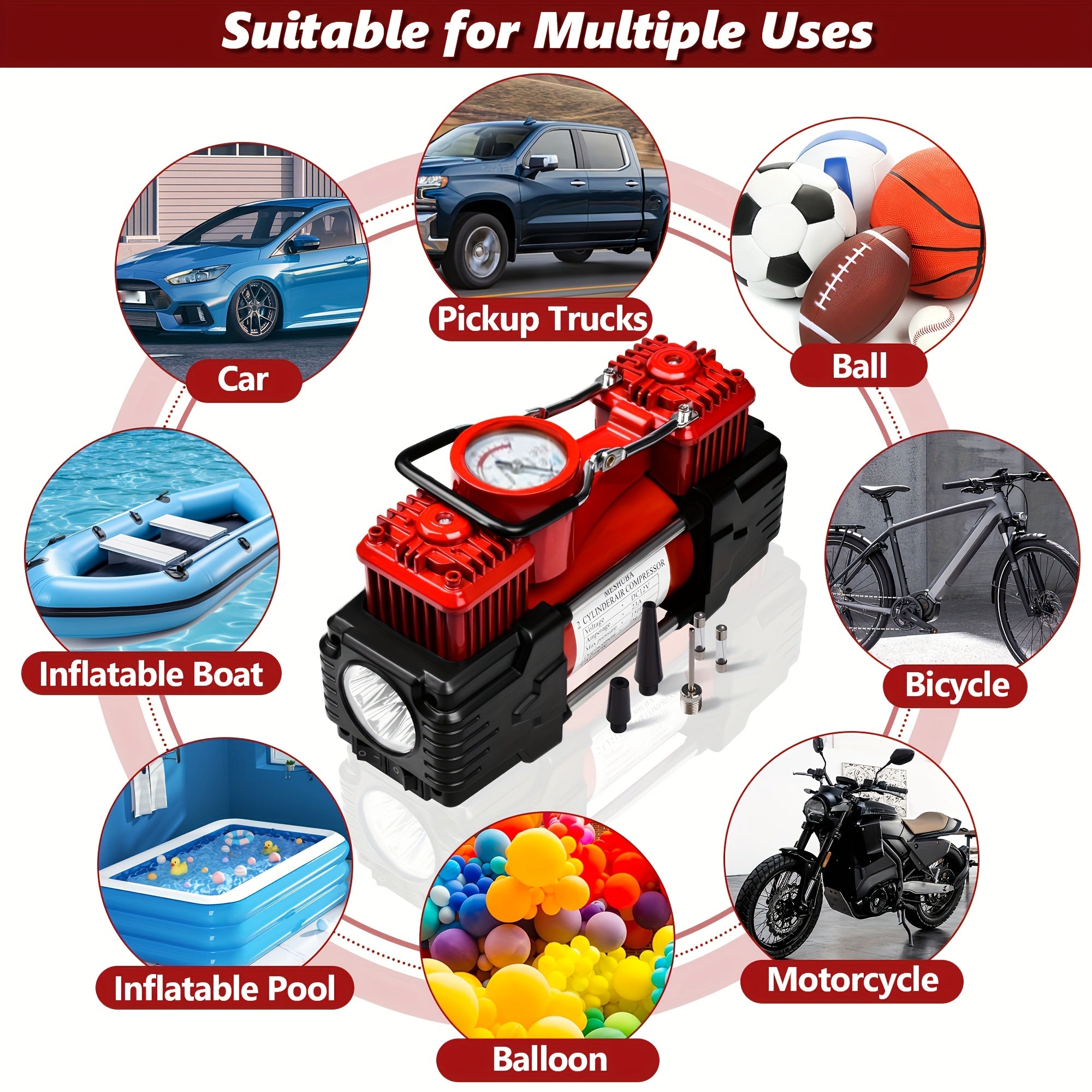 12V Twin Cylinder Air Compressor for Vehicles Bicycles with Accurate Gauge and Emergency Light