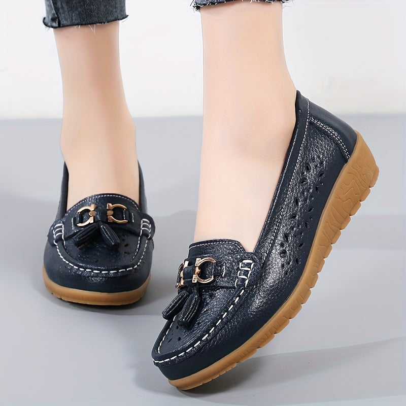 Women's Hollow Out Leather Loafers Flat Slip-On Shoes for Breathability