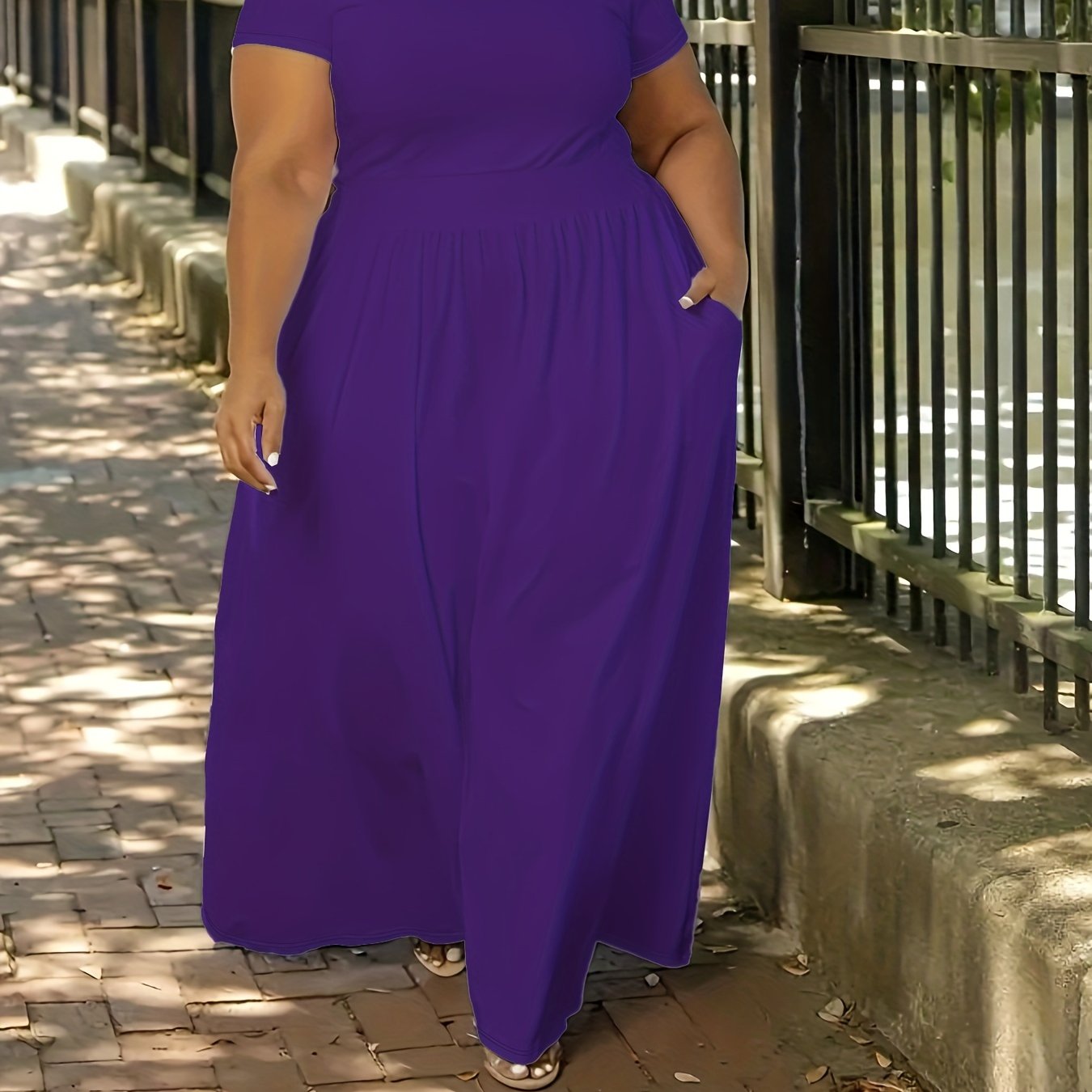 Plus Size Solid Maxi Dress with Short Sleeves, Medium Stretch, Crew Neck
