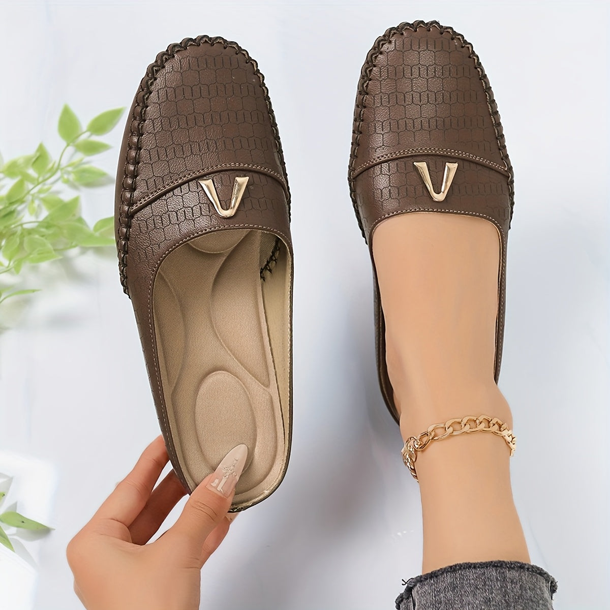 Women's Slip-On Mules Lightweight Flat Shoes with Metal Buckle