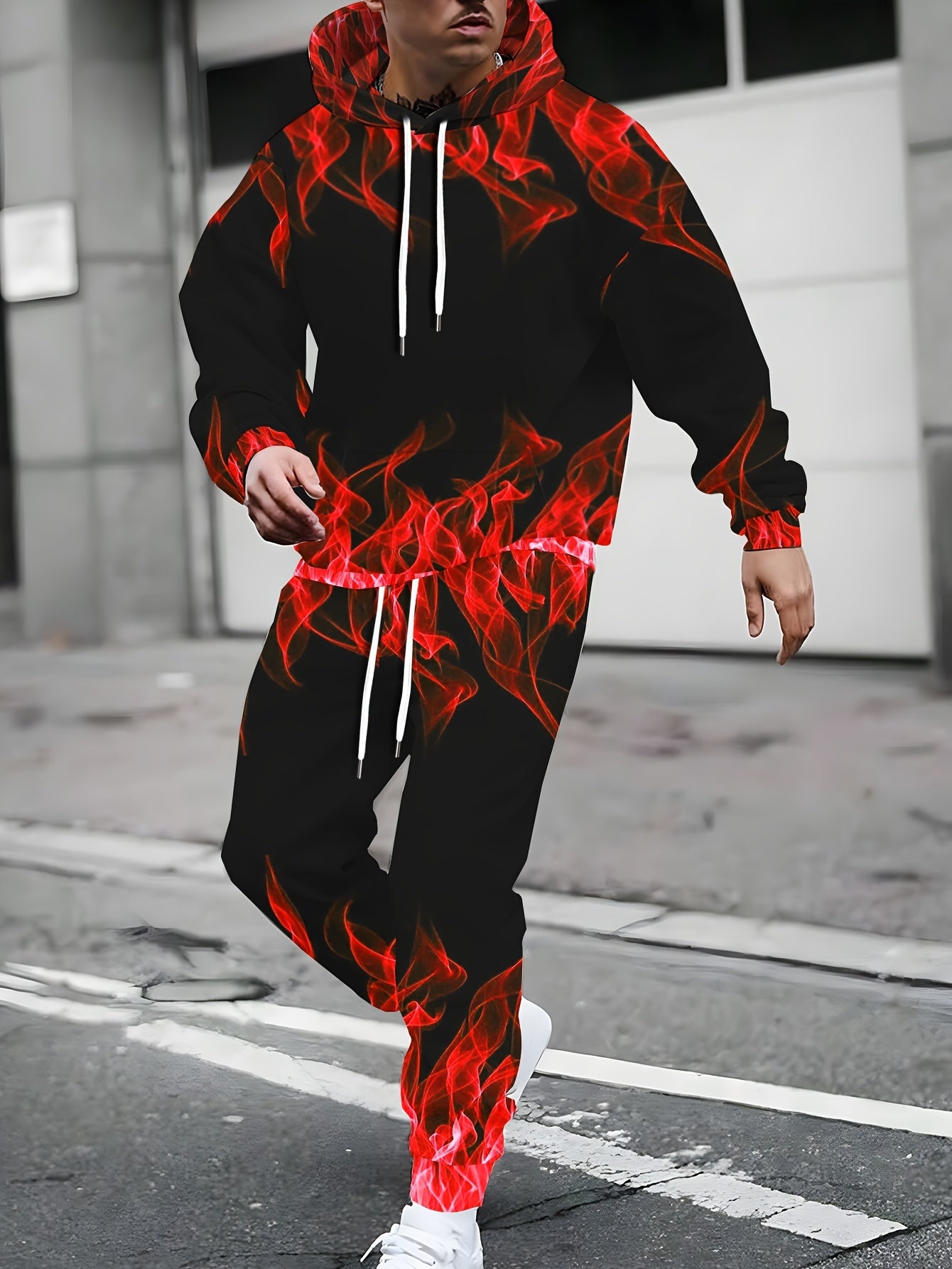 Men's Plus Size Hoodie Set All-Over Print Knit Polyester Casual Sports Loungewear