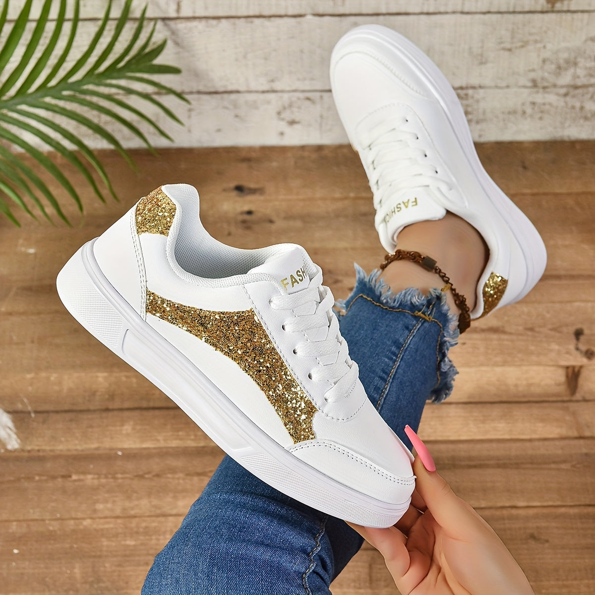 Women's Sequin Casual Sneakers Lace Up Lightweight Glitter Low-Top Shoes
