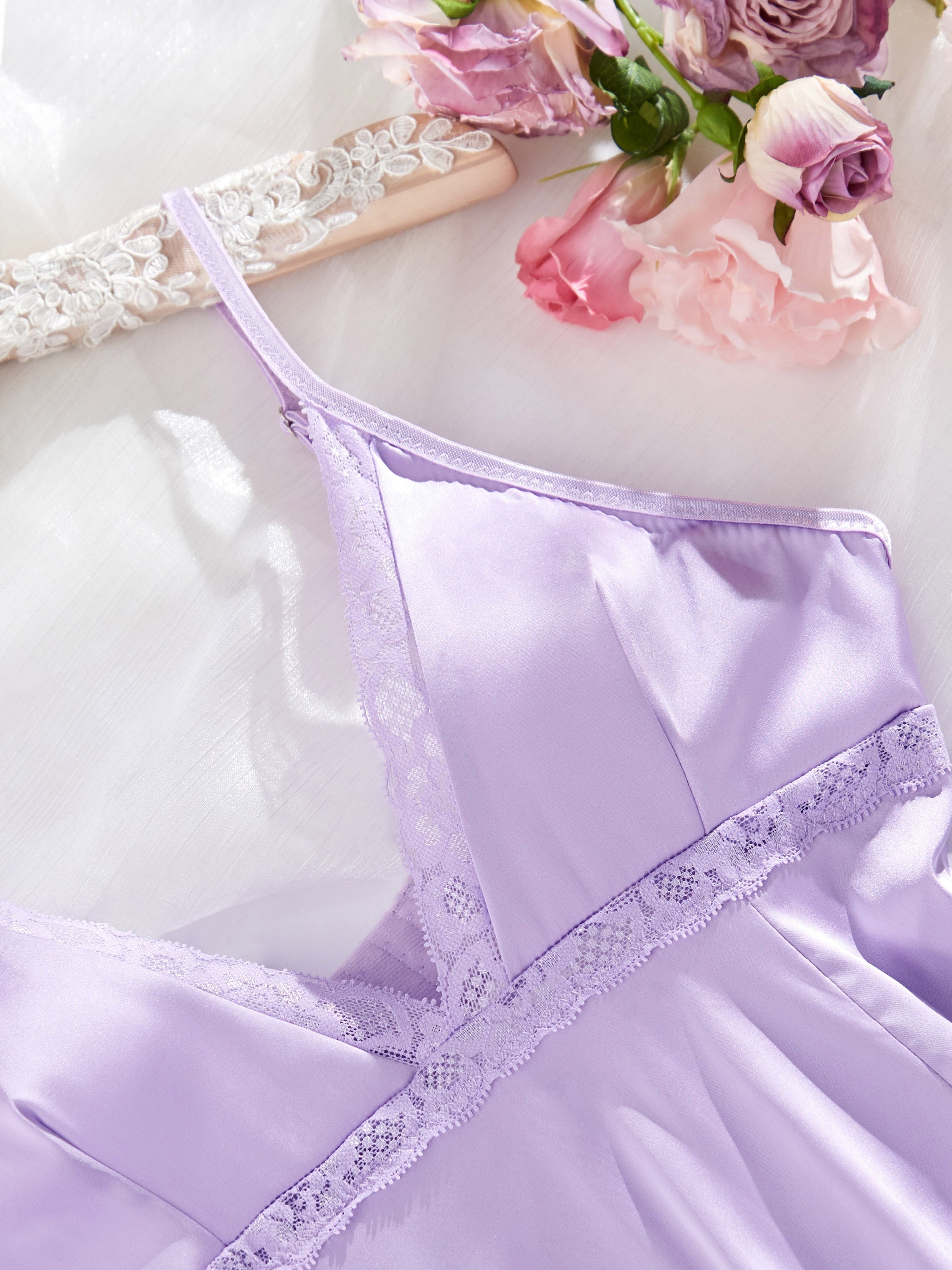 Plus Size Purple Satin Garter Skirt Lingerie Set with Thong