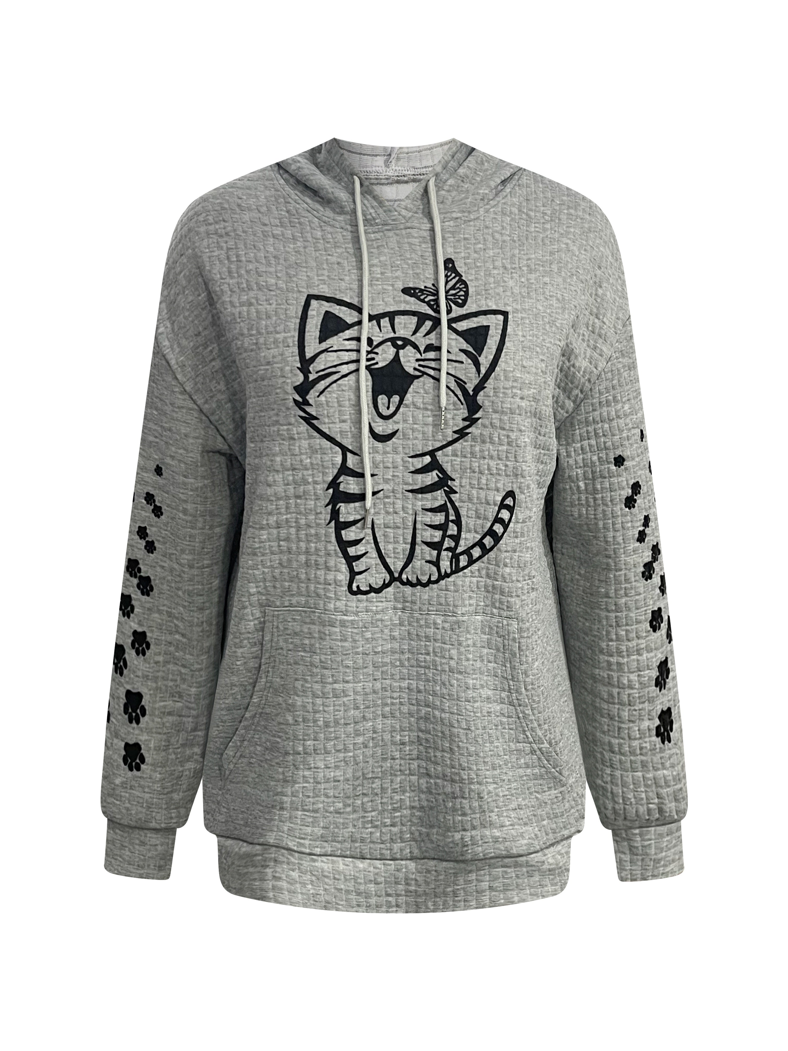 Women's Cat Pattern Waffle Hoodie Long Sleeve Casual Sweatshirt Large Size