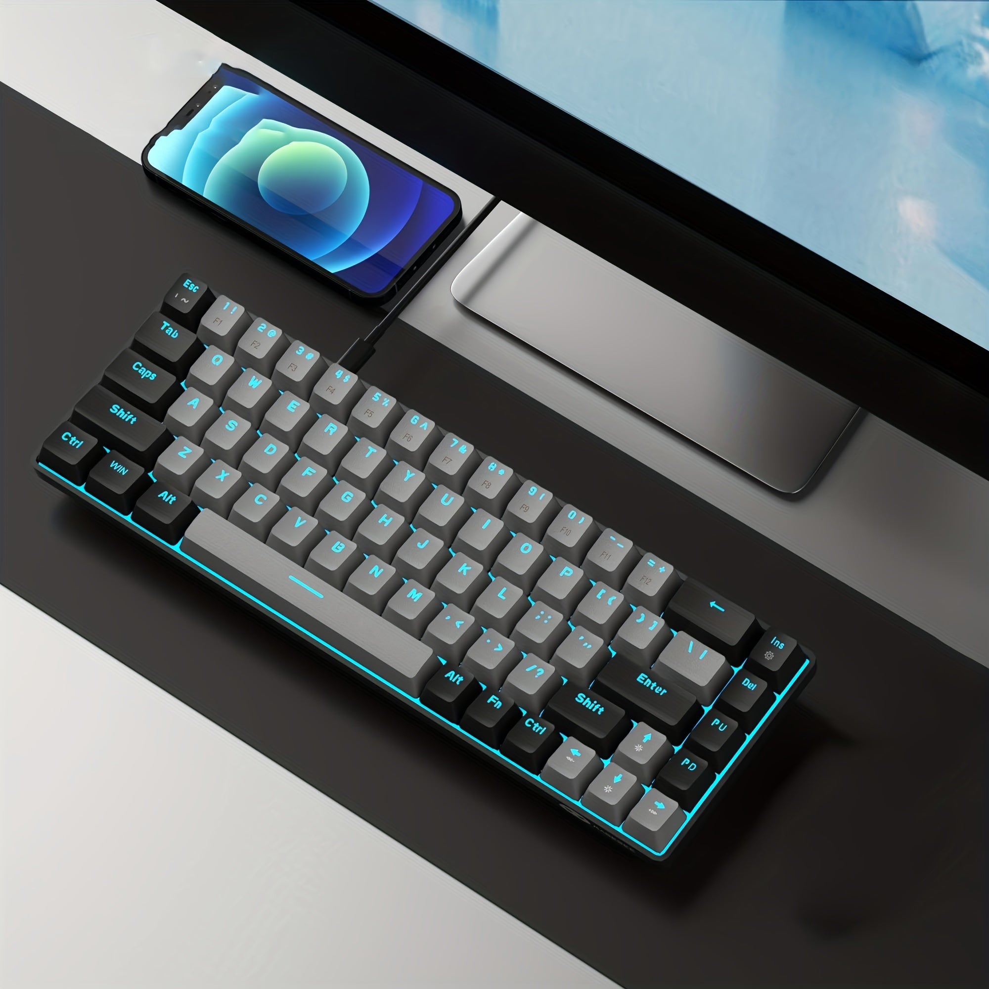 Teclado mecánico compacto para juegos del 60% con interruptores azules, retroiluminación LED, ergonómico para Windows, Mac, PC y portátil