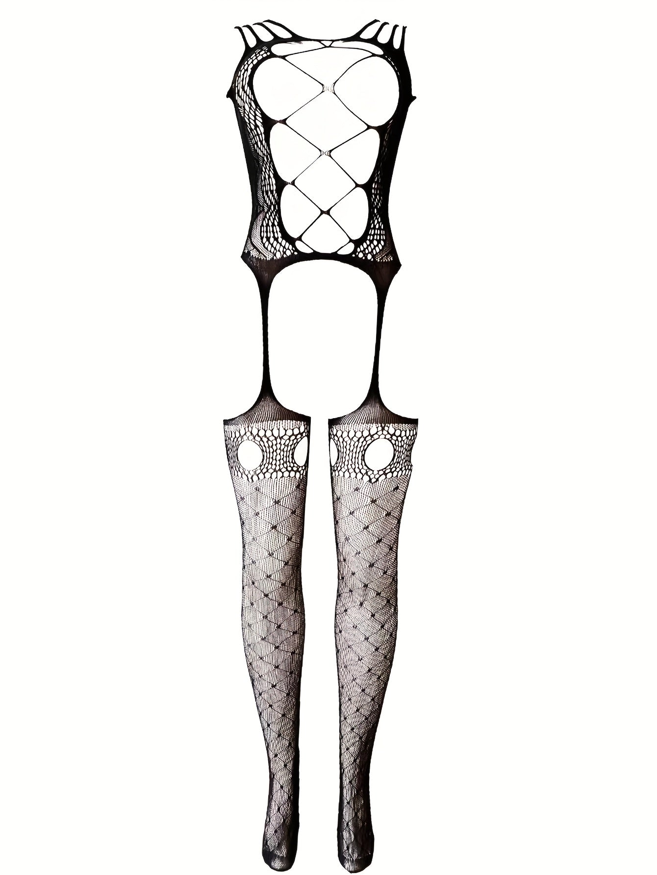 Women's Black and White Lace Bodysuit with Hollow-Out Design and Open Crotch for Festivals and Beachwear