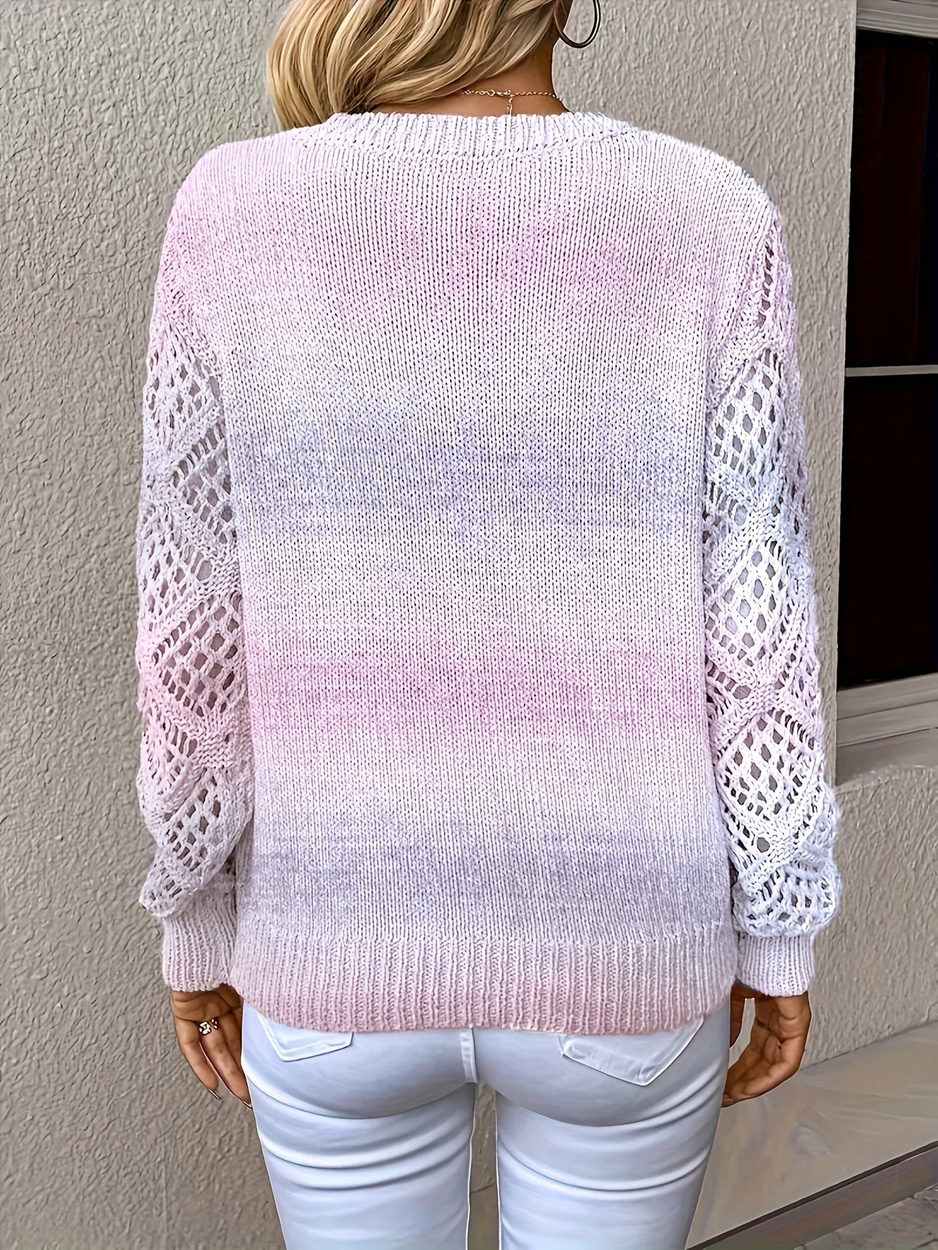 Plus Size Womens V-Neck Sweater Hollowed Sleeves Gradient Color Fall Winter Knitwear