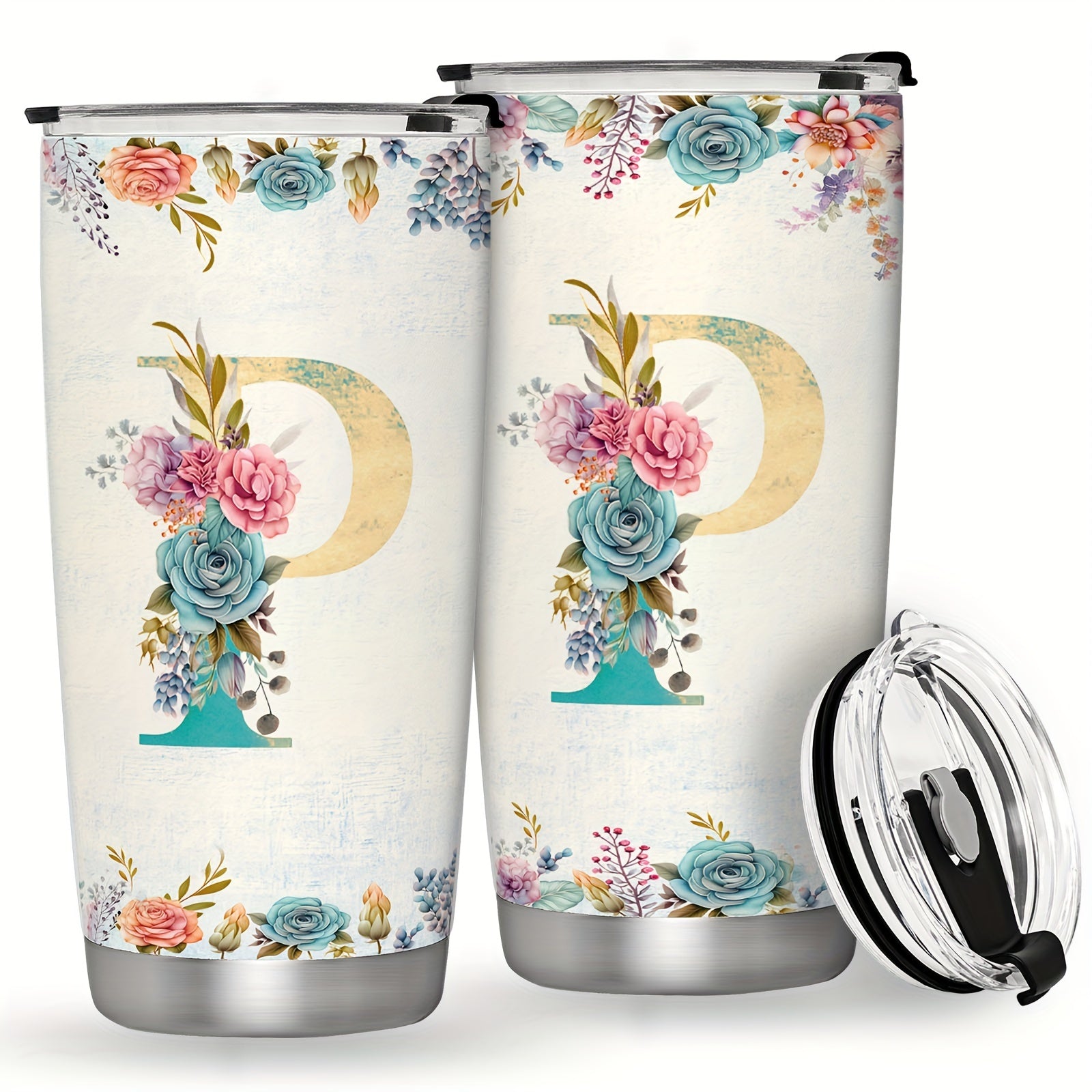 20oz Stainless Steel Tumbler with Monogram Floral Design Leak Proof Lid for Outdoor Use