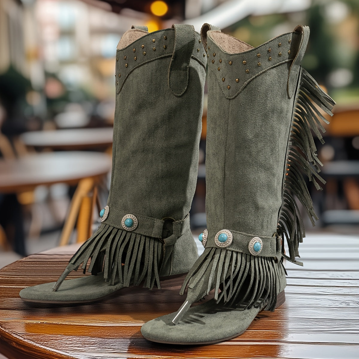 Women's Bohemian Fringe Ankle Boots Open-Toe Summer Sandals Gray