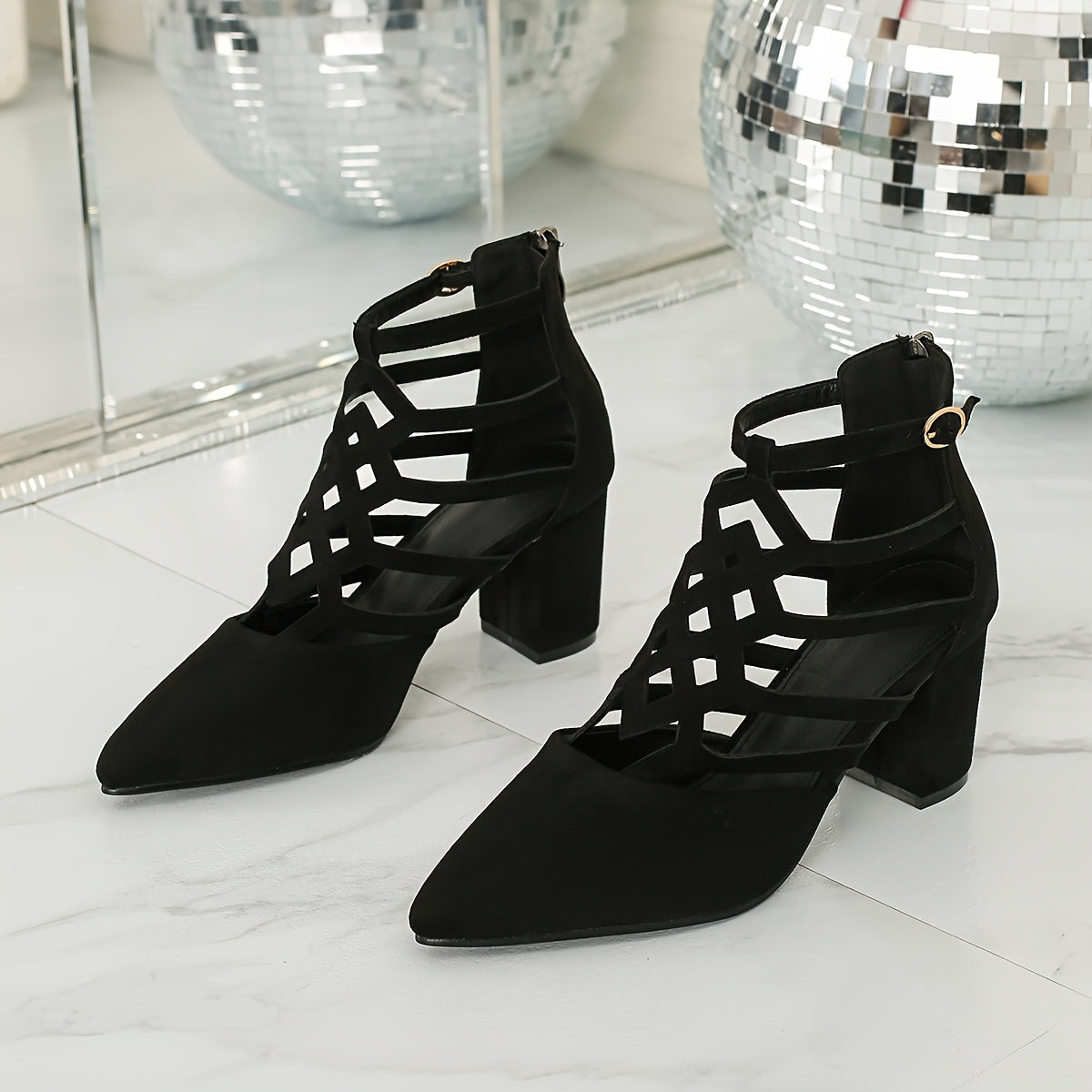 Women's Pointed Toe Pumps with Chunky Heel Breathable Solid Color Zipper