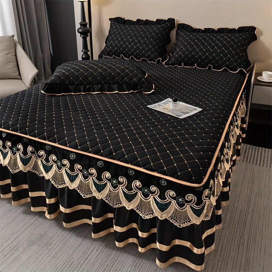 Vintage uslubidagi qora yostiq qopqog'i va yostiq qoplari to'plami - 3 dona, tikilgan dantel trim bilan, qalinlashtirilgan to'shak, mashinada yuvish mumkin, uy va mehmonxona foydalanishi uchun barcha mavsumlar uchun qulay.