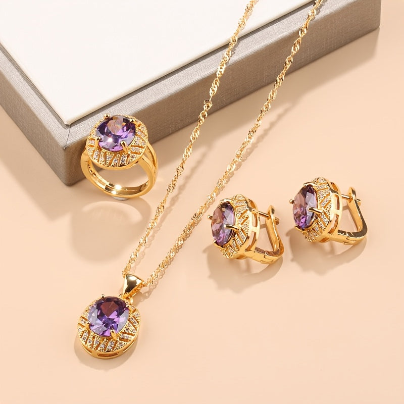 4-Piece Gold Plated Jewelry Set with Necklace Earrings and Rings for Weddings and Daily Wear