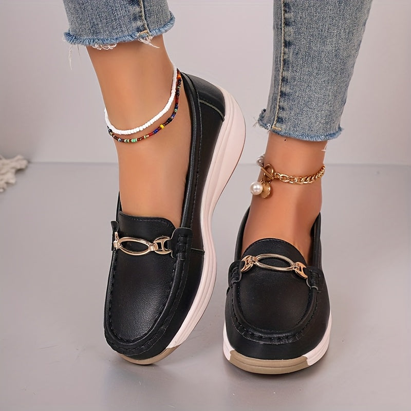 Women's Loafers with Metal Buckle Slip-On Flats Non-Slip Casual Shoes