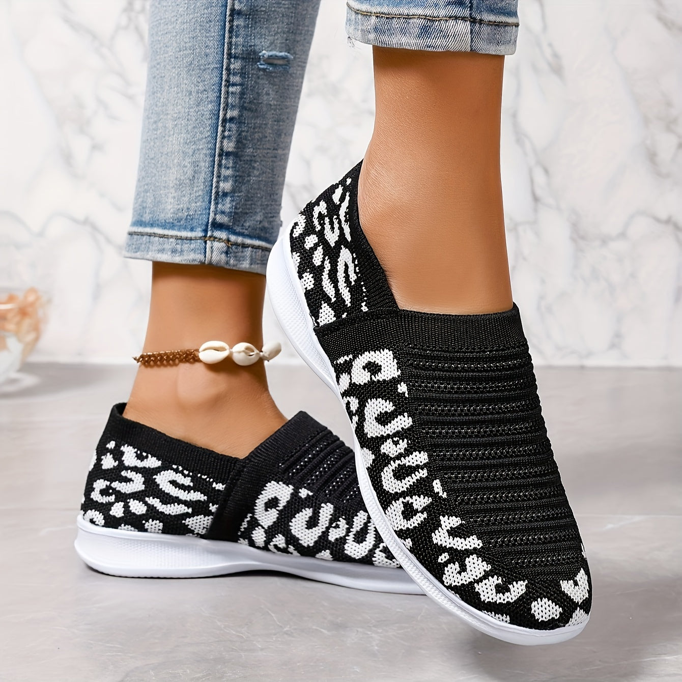 Women's Leopard Print Slip-On Mary Jane Sneakers Breathable EVA Cushioned Sole