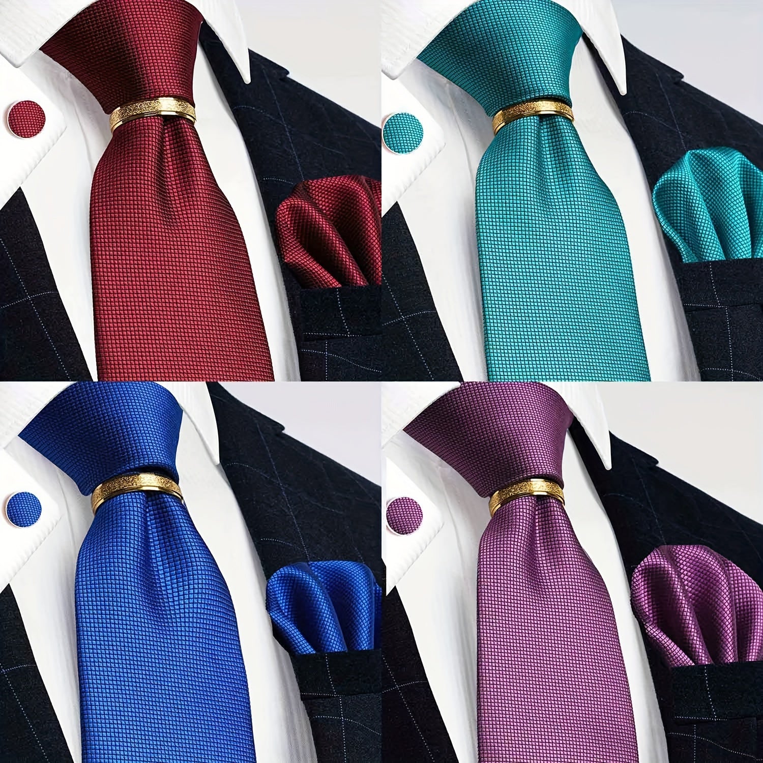 Men's 4-Piece Tie Set Necktie Pocket Square Cufflinks Gold Tie Clip for Weddings Groomsmen Business