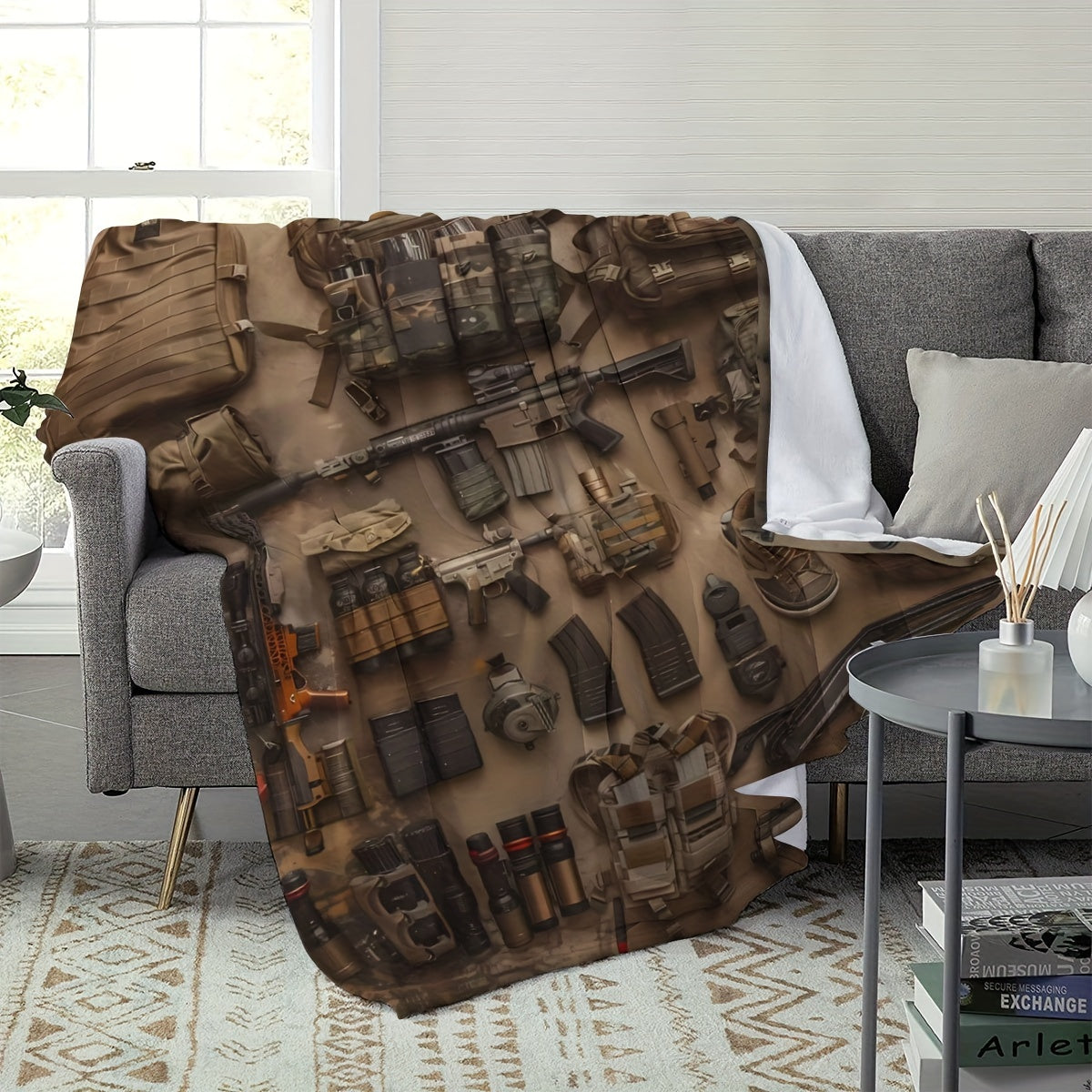 Military-Inspired Flannel Throw Blanket with Digital Print Tactical Design Soft All-Season Knit Lightweight Versatile for Travel Home Office
