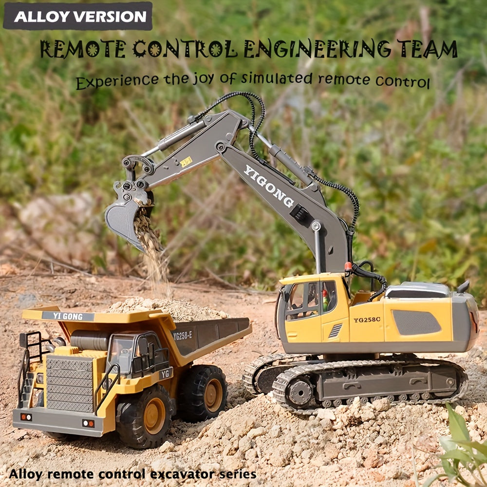 Juguete excavadora con control remoto para niños de 14+ con construcción de metal aleado, 11 canales, 2.4GHz inalámbrico, batería de litio recargable, resistente a la intemperie
