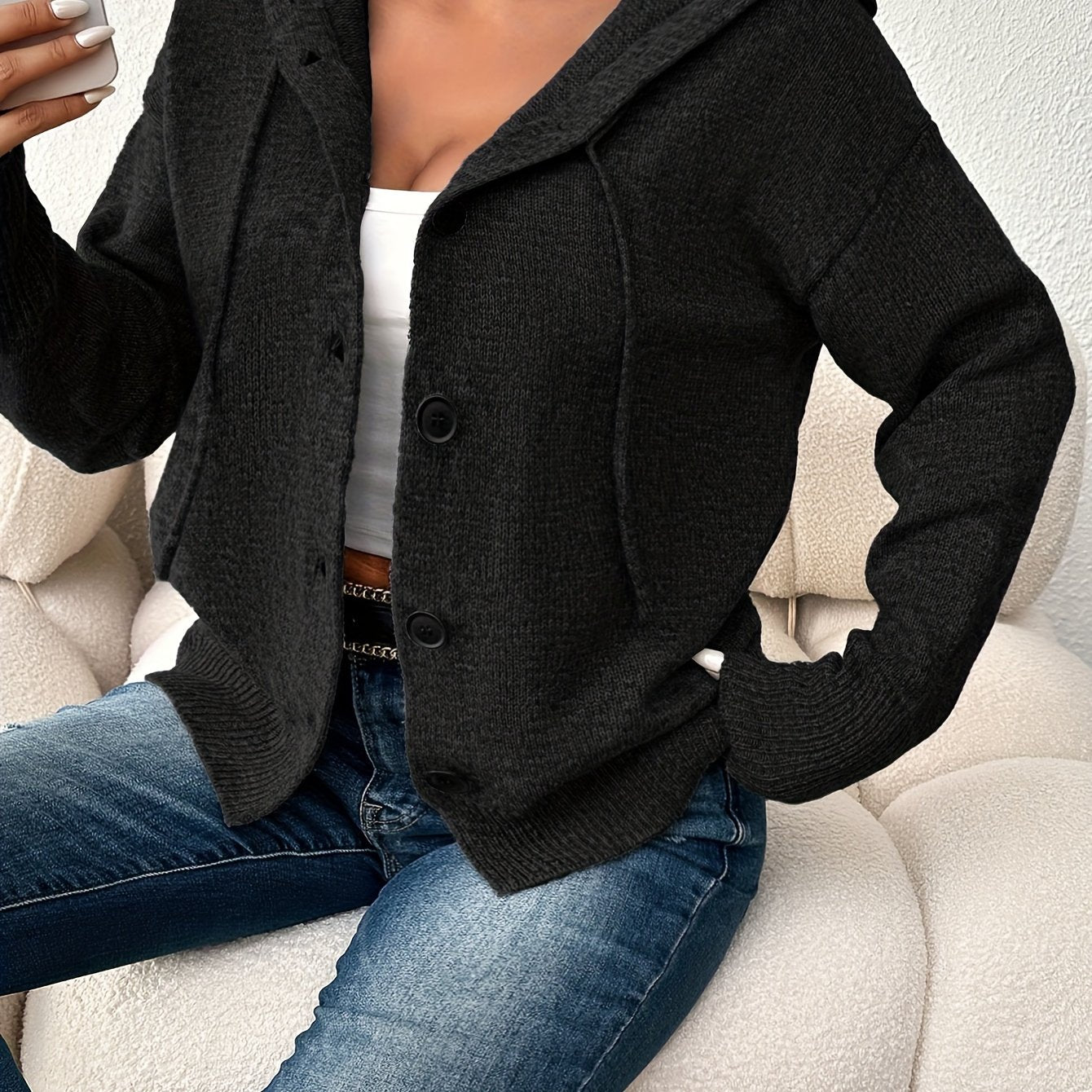 Женский кардиган с капюшоном, однородного цвета, на пуговицах, для полных женщин