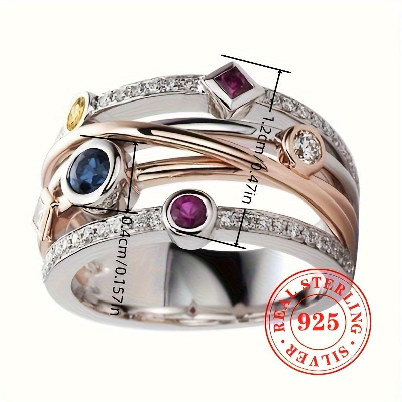 Women's Multi-Layer Sterling Silver Ring with Synthetic Gemstones