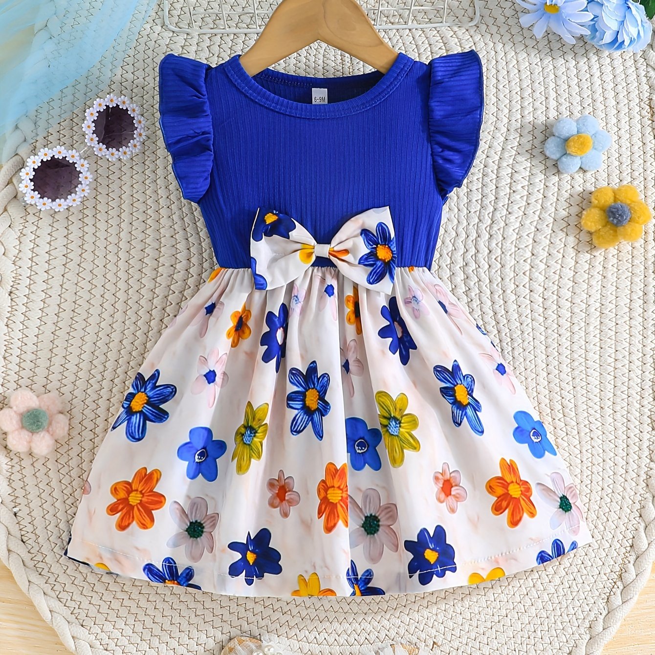 Girls Floral Ruffle Sleeve Dress Polyester Knit Casual Spring Summer Ages 12 and Under