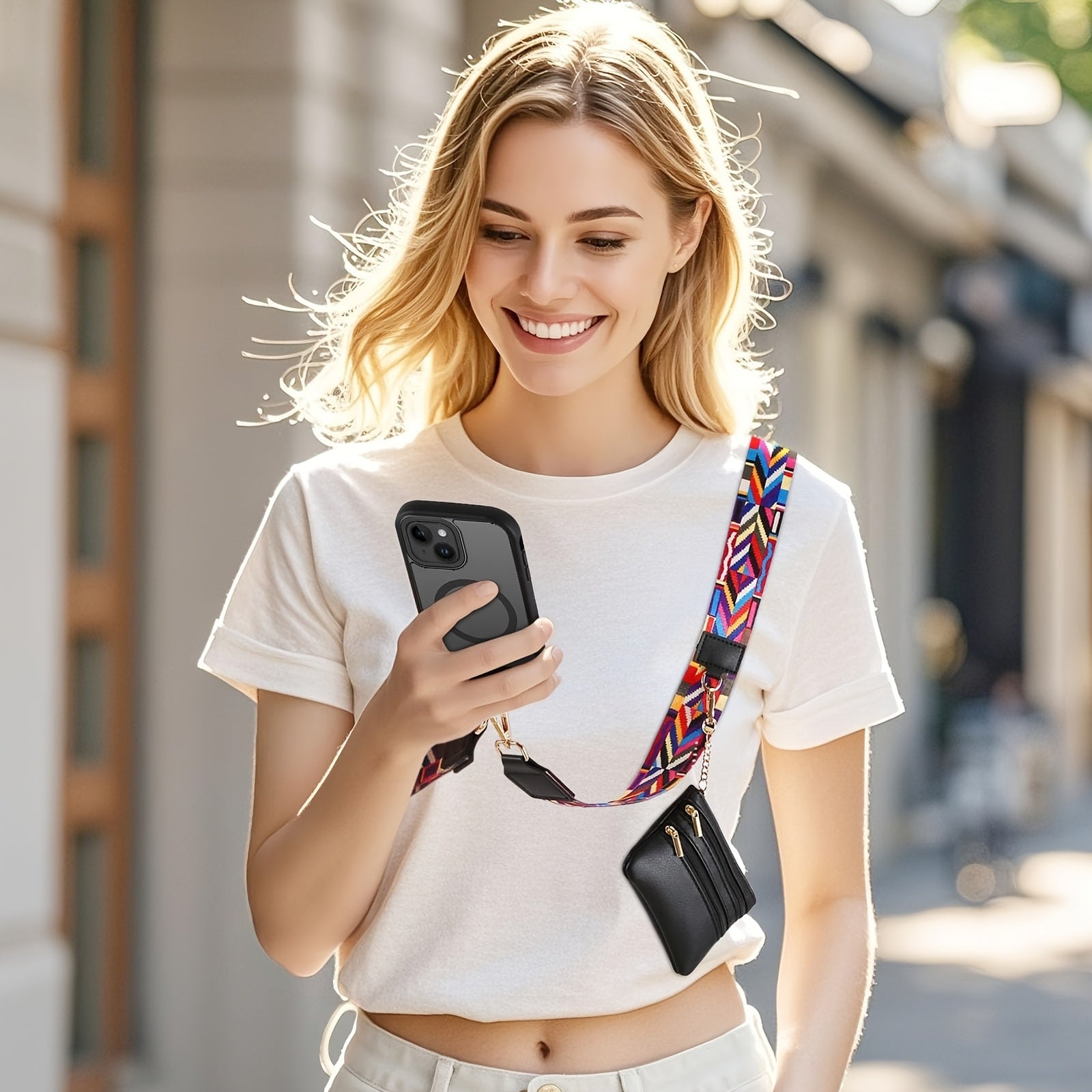 Mobile Phone Crossbody Strap with Wallet Adjustable Zippered Phone Holder White