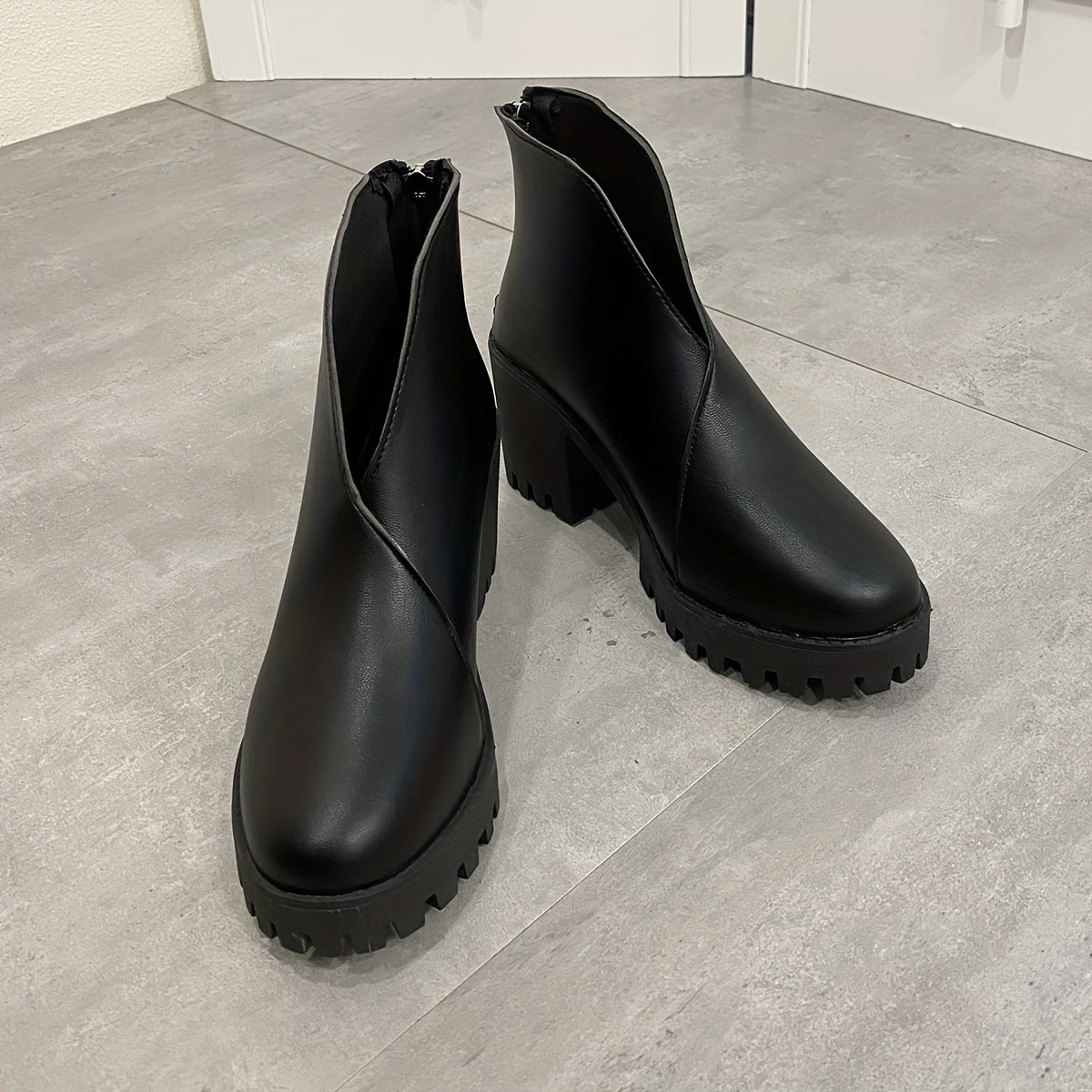 Women's Faux Cover Round Toe Chunky Ankle Boots Black Mid-Heel Durable