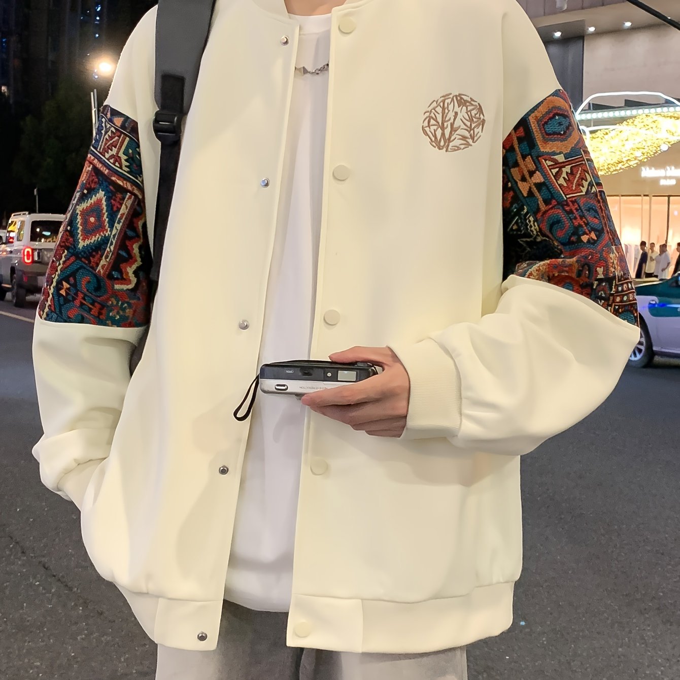 Men's Cotton Blend Embroidered Bomber Jacket with Floral Pattern for Casual Wear